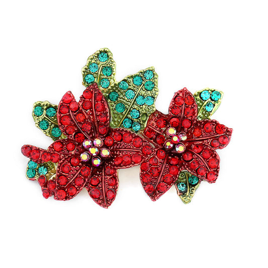 Glittering Green Leaf with Red Flower Diamond Brooch Pin 2PCS