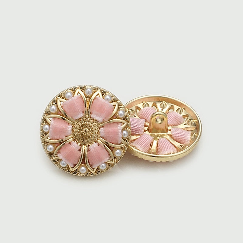 17,5/20/22,5mm Bottoni Rotondi in Metallo Dorato con Perle Floreali Rosa 12pz