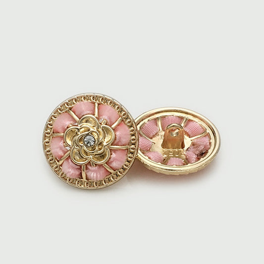 Dazzling Round Pink Floral Gold Metal Buttons with Diamond 12pcs