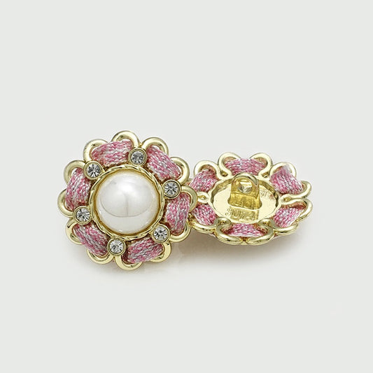 Boutons en métal avec bordure rose et strass, perle large, 12 pièces