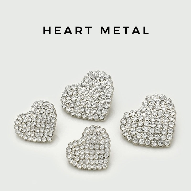 Botones de metal en forma de corazón de diamante plateado de 17.5/22.5/30mm 12PCS