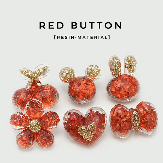 Boutons en résine en forme de cœur de lapin avec paillettes rouges - 30 pièces (6 styles)