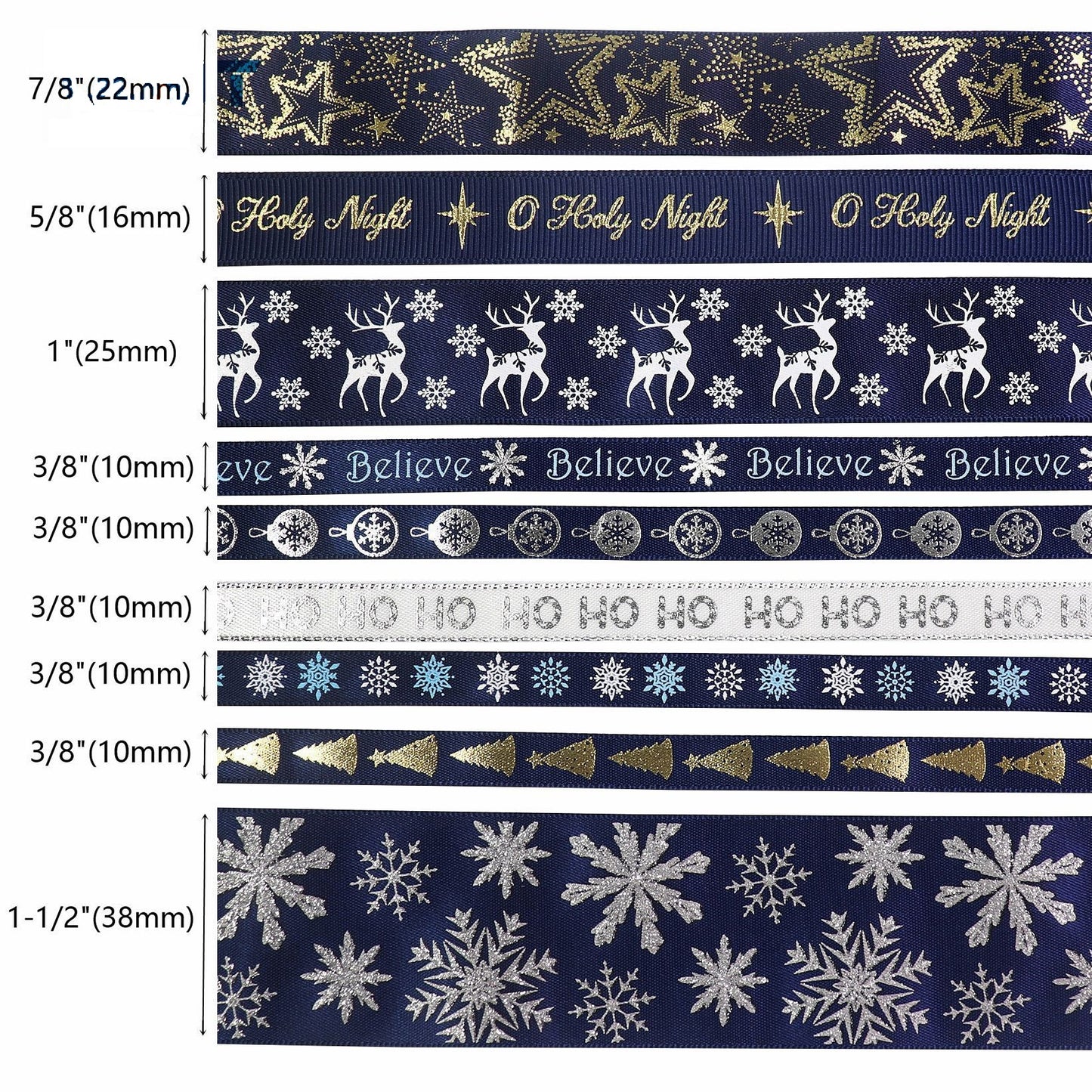 Christmas Blue Ribbons for Holiday Crafting 9 Pack 45 Yards