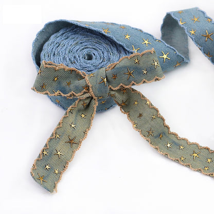 1/1.5 Inch Vintage Denim Star Embroidered Ribbon 10 Yards 