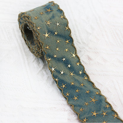 1/1.5 Inch Vintage Denim Star Embroidered Ribbon 10 Yards 