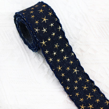 1/1.5 Inch Vintage Denim Star Embroidered Ribbon 10 Yards 