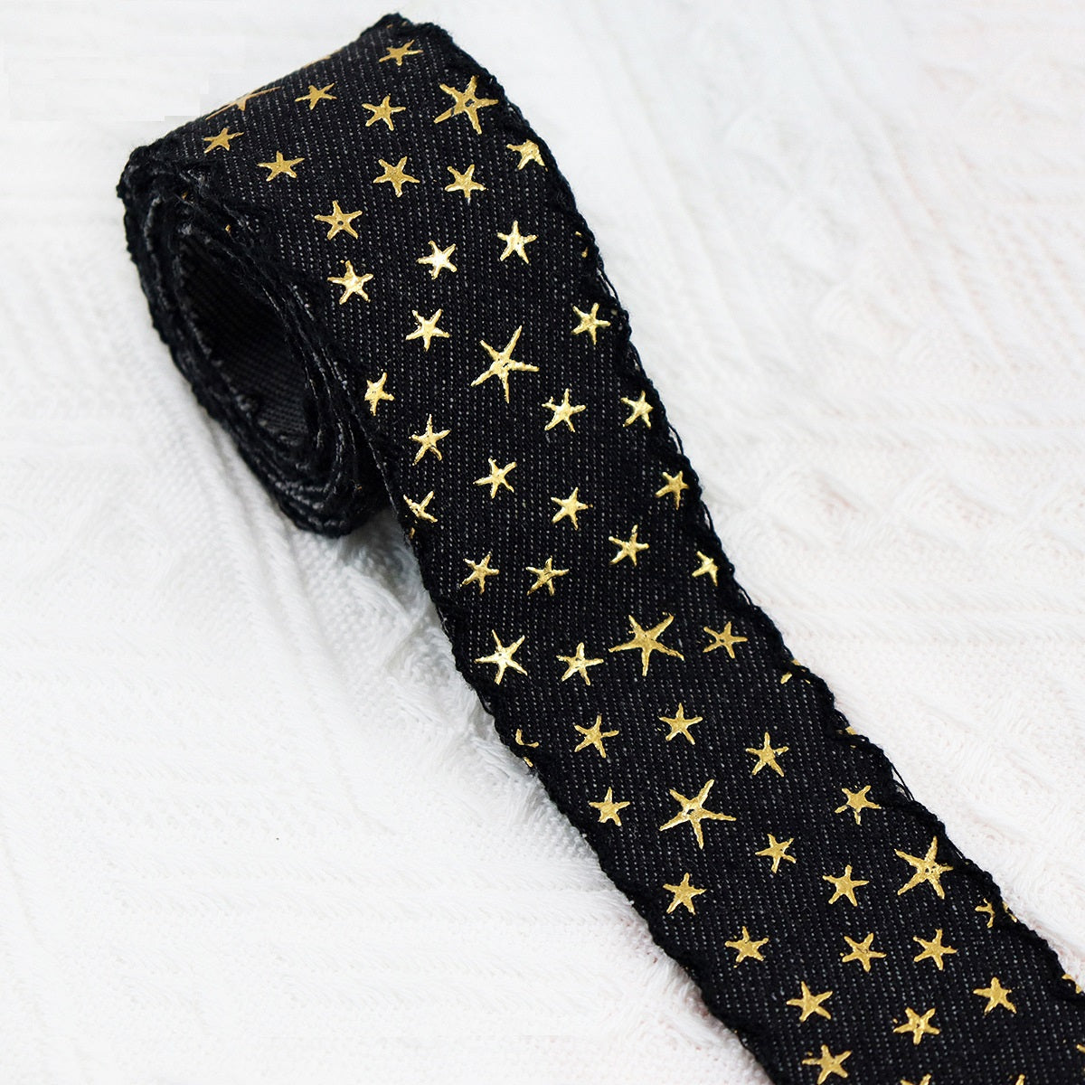 1/1.5 Inch Vintage Denim Star Embroidered Ribbon 10 Yards 