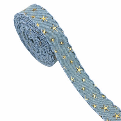 1/1.5 Inch Vintage Denim Star Embroidered Ribbon 10 Yards 