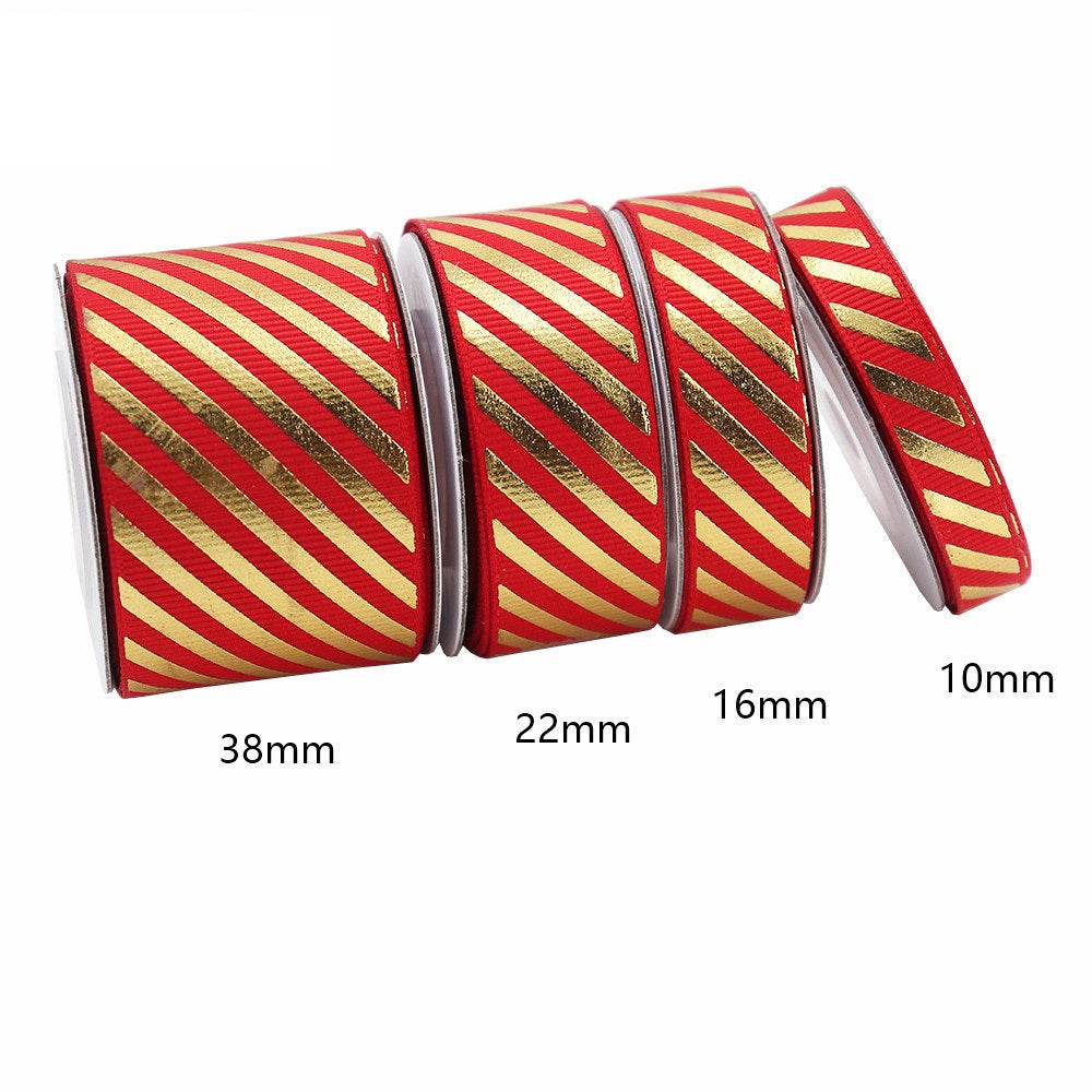 10/16/22/38mm Gold Foil Diagonal Stripe Grosgrain Ribbon 4 Pack