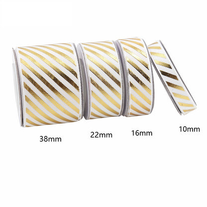 10/16/22/38mm Gold Foil Diagonal Stripe Grosgrain Ribbon 4 Pack