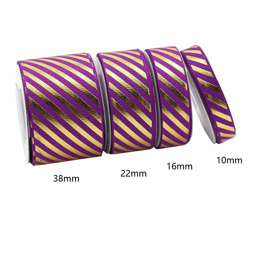 10/16/22/38mm Gold Foil Diagonal Stripe Grosgrain Ribbon 4 Pack