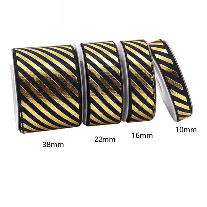 10/16/22/38mm Gold Foil Diagonal Stripe Grosgrain Ribbon 4 Pack