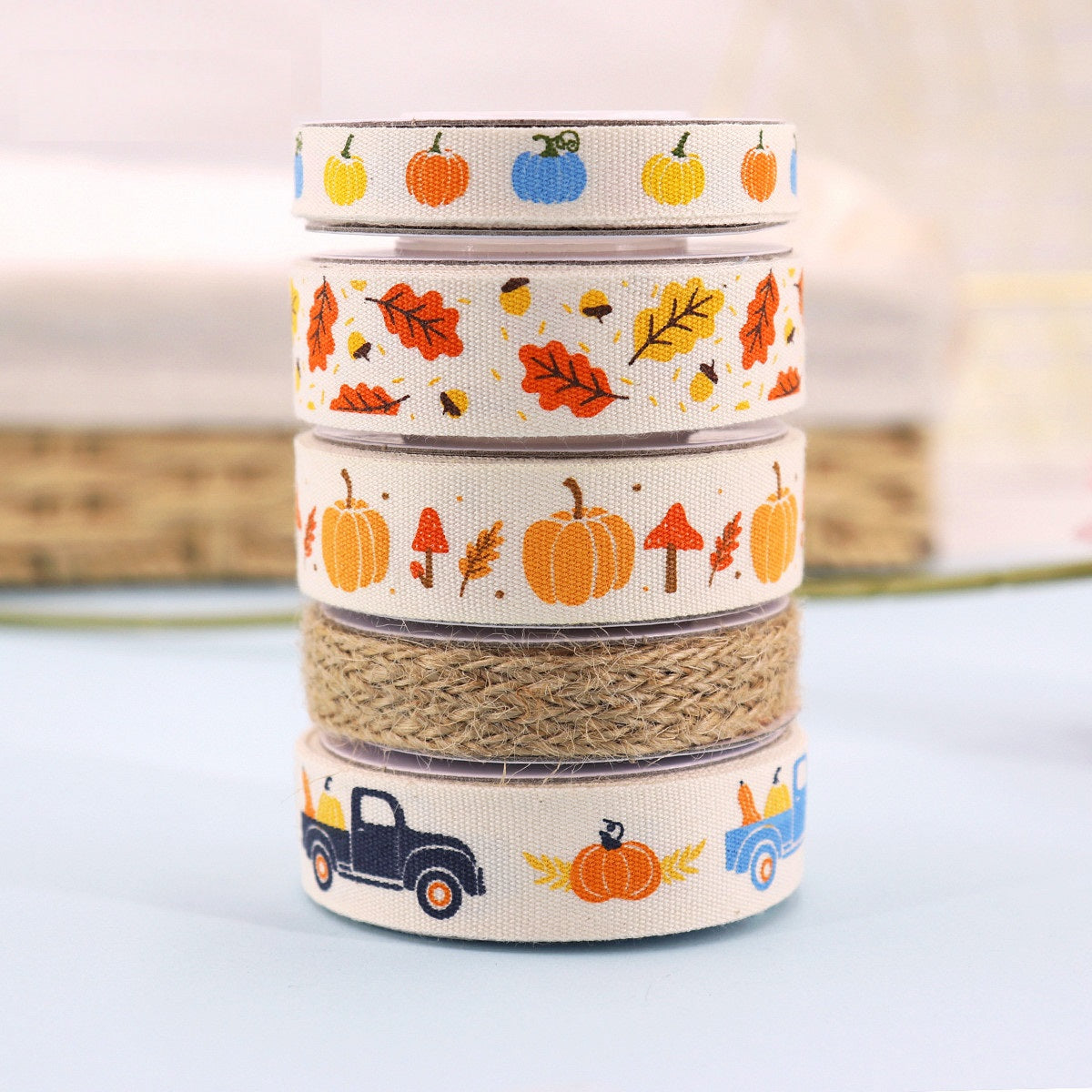 16mm Cotton Harvest Ribbon with Pumpkin Truck Design 5 Pack