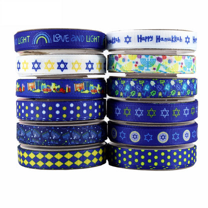 10mm Hanukkah Ribbon with David Star,Menorah,Dreidel 12 Pack