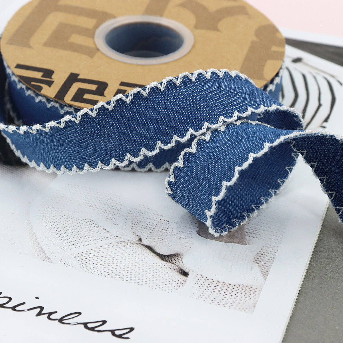 1/1.5 Inch Lace Edged Denim Ribbon 5 Yards