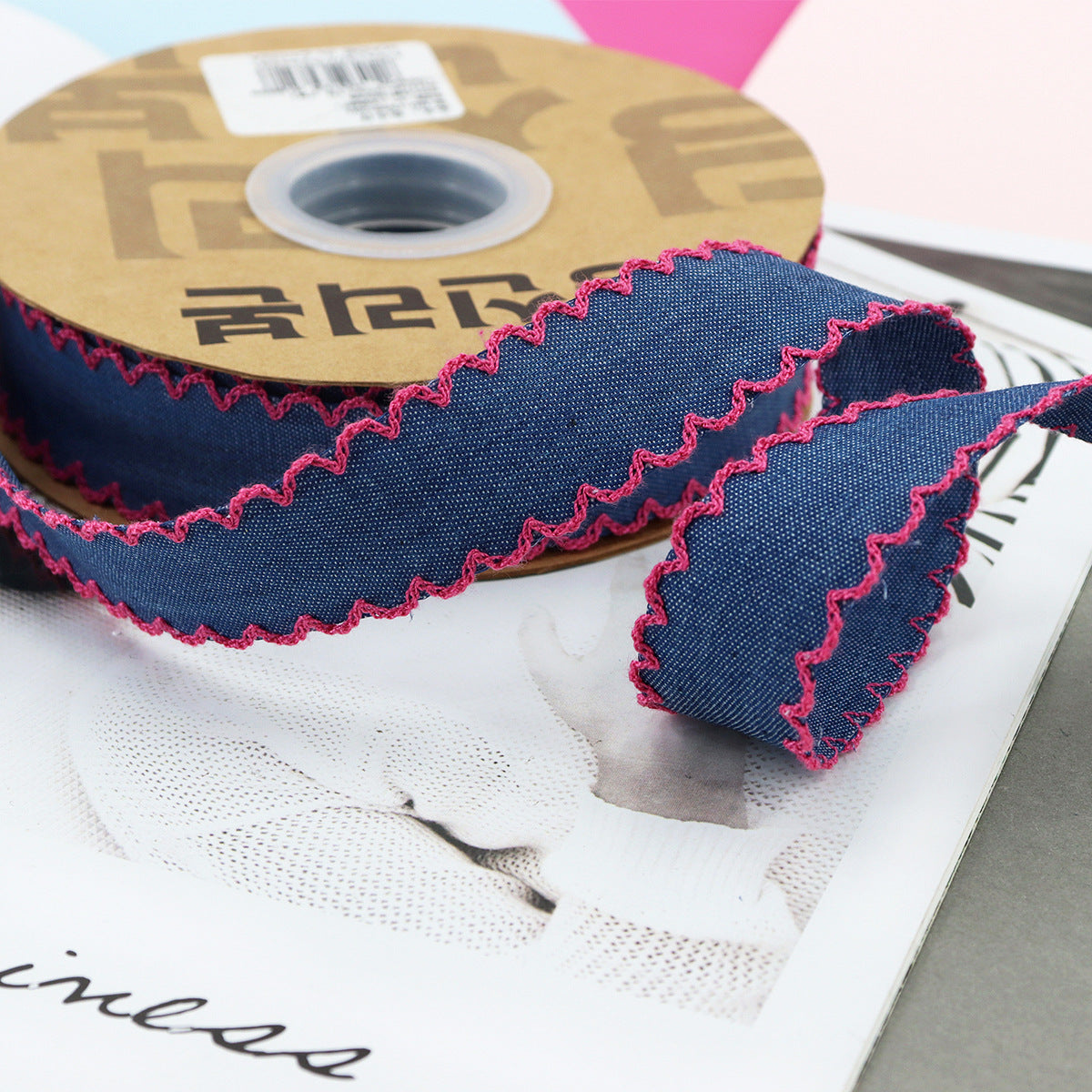 1/1.5 Inch Lace Edged Denim Ribbon 5 Yards