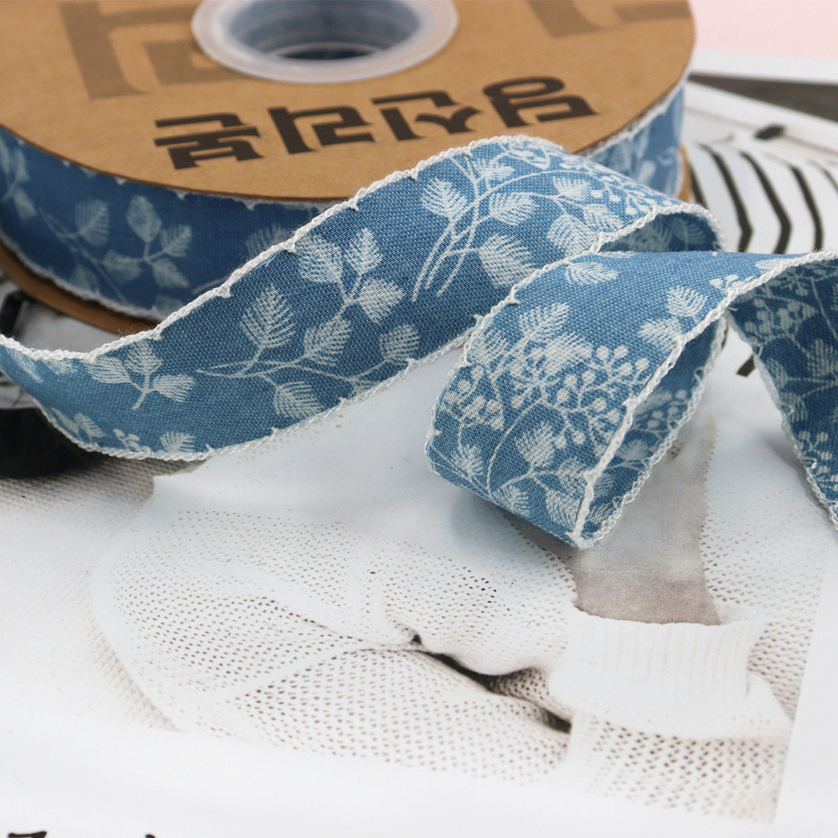 1/1.5 Inch Lace Edged Denim Ribbon 5 Yards