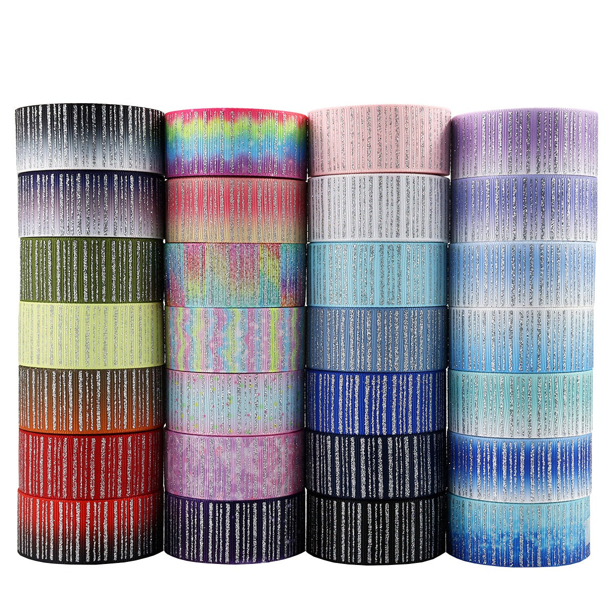 25mm Sparkling Vertical Striped Silver Ribbon with Foil 28 Colors