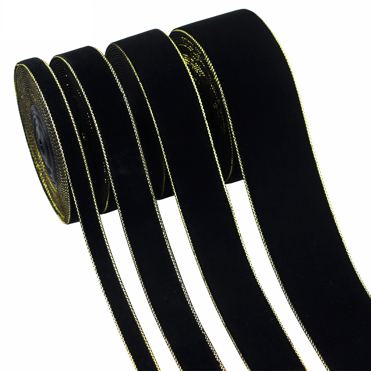 10/19/25/38mm Black and Gold Velvet Ribbons 4 Sizes Pack