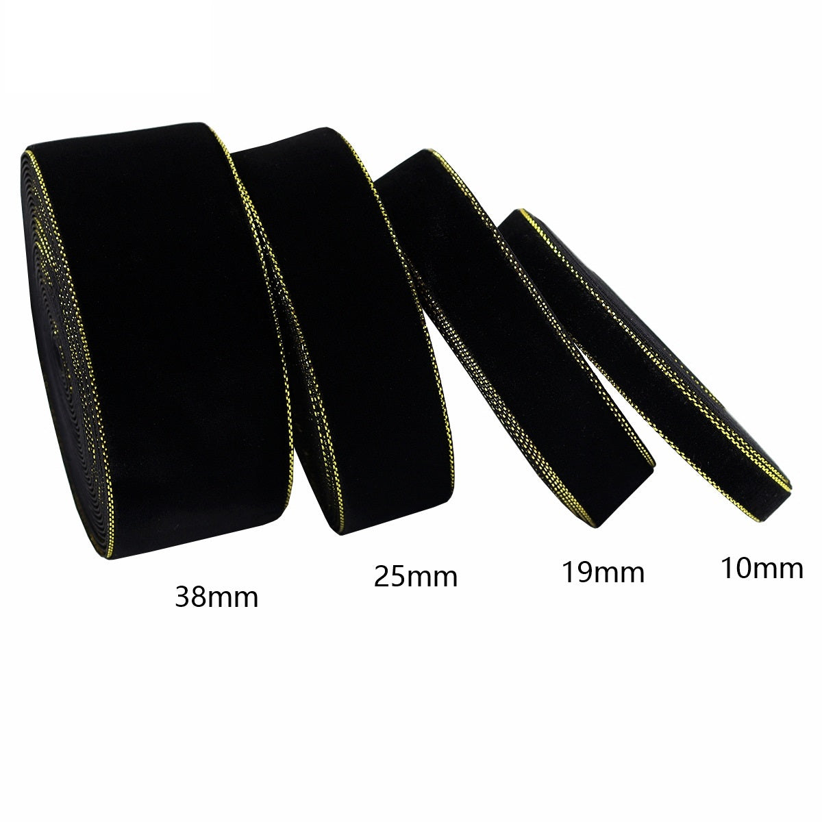 10/19/25/38mm Black and Gold Velvet Ribbons 4 Sizes Pack