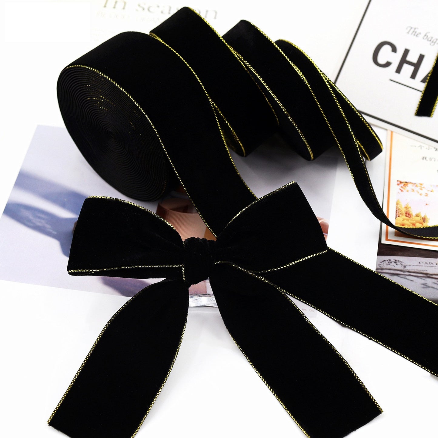 10/19/25/38mm Black and Gold Velvet Ribbons 4 Sizes Pack