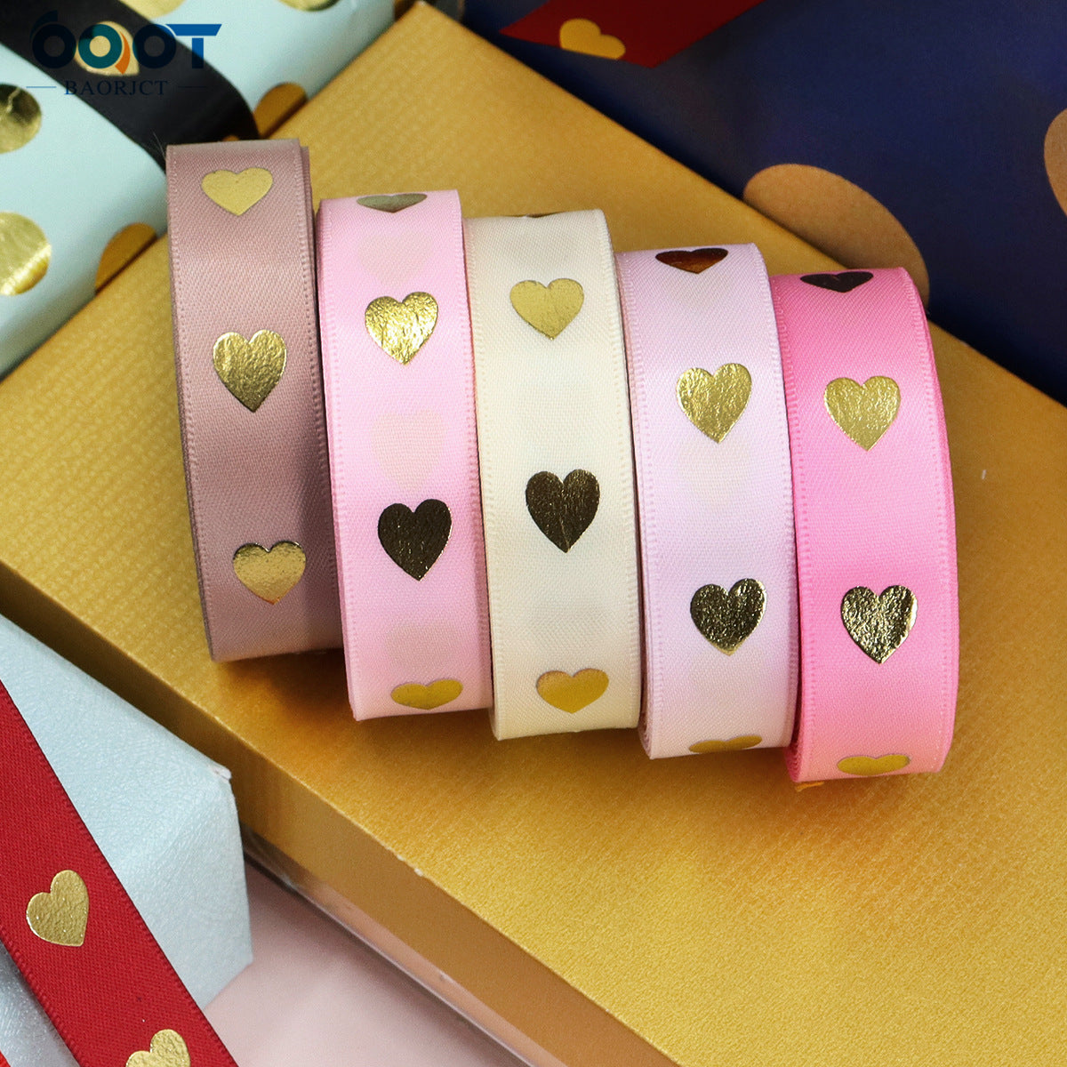 16mm Heart Hot Stamping Valentine's Day Ribbon 9 Colors Pack