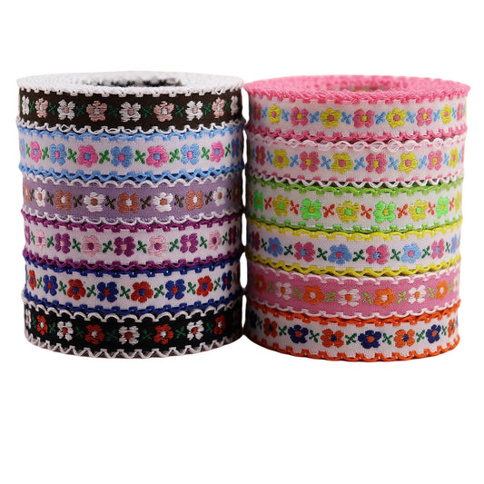 Ruban Jacquard Fleurs Brodé Vintage 12mm 12 Couleurs