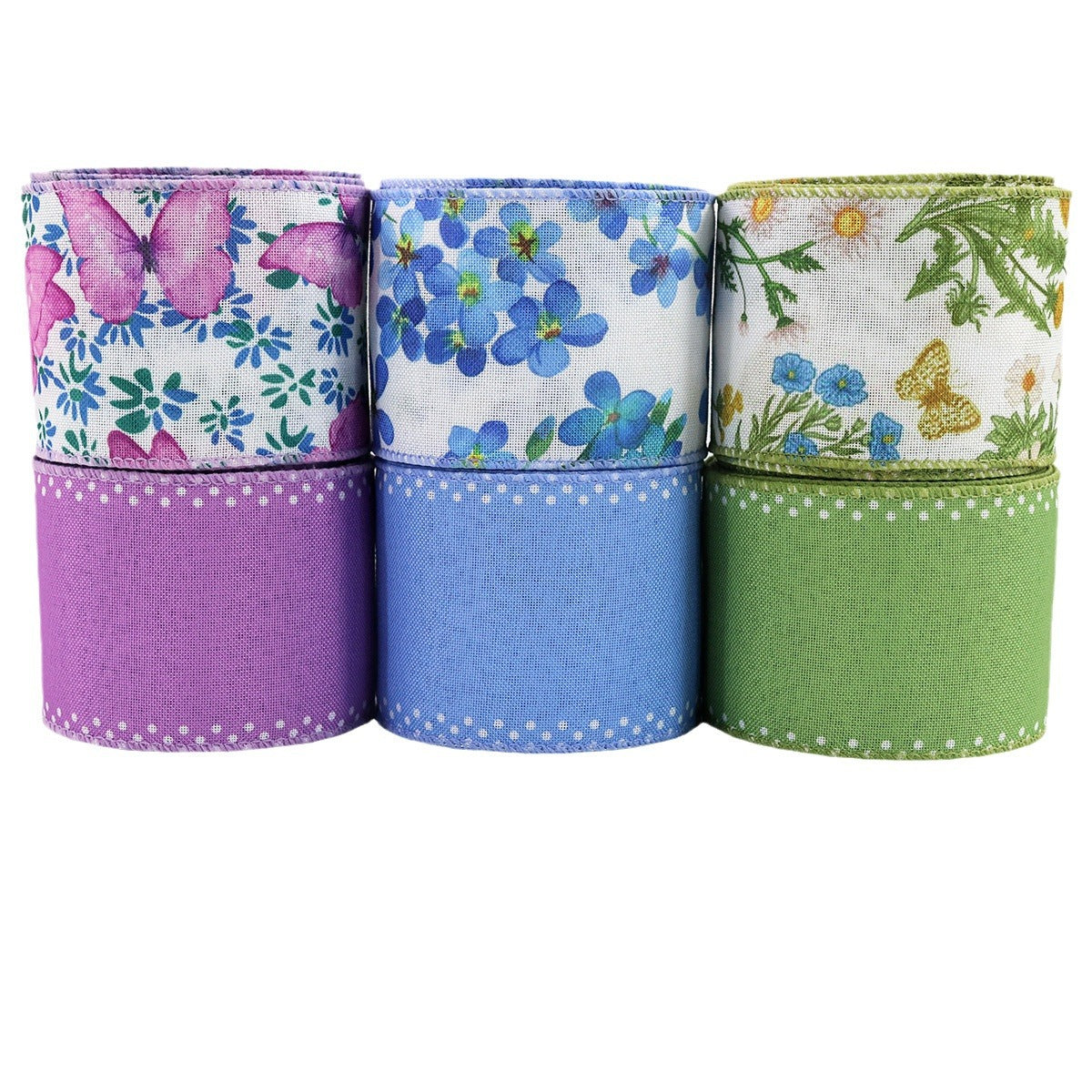 6 Rolls 2.5"×5 Yard Wired Edge Summer Flowers Ribbons for Wreath Bow