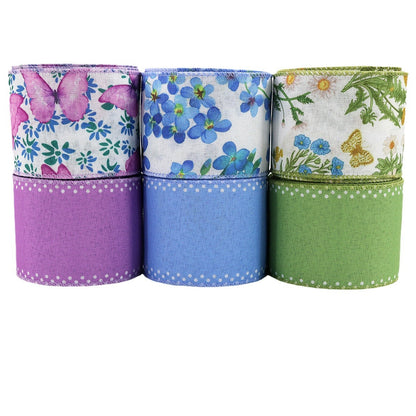 6 Rolls 2.5"×5 Yard Wired Edge Summer Flowers Ribbons for Wreath Bow