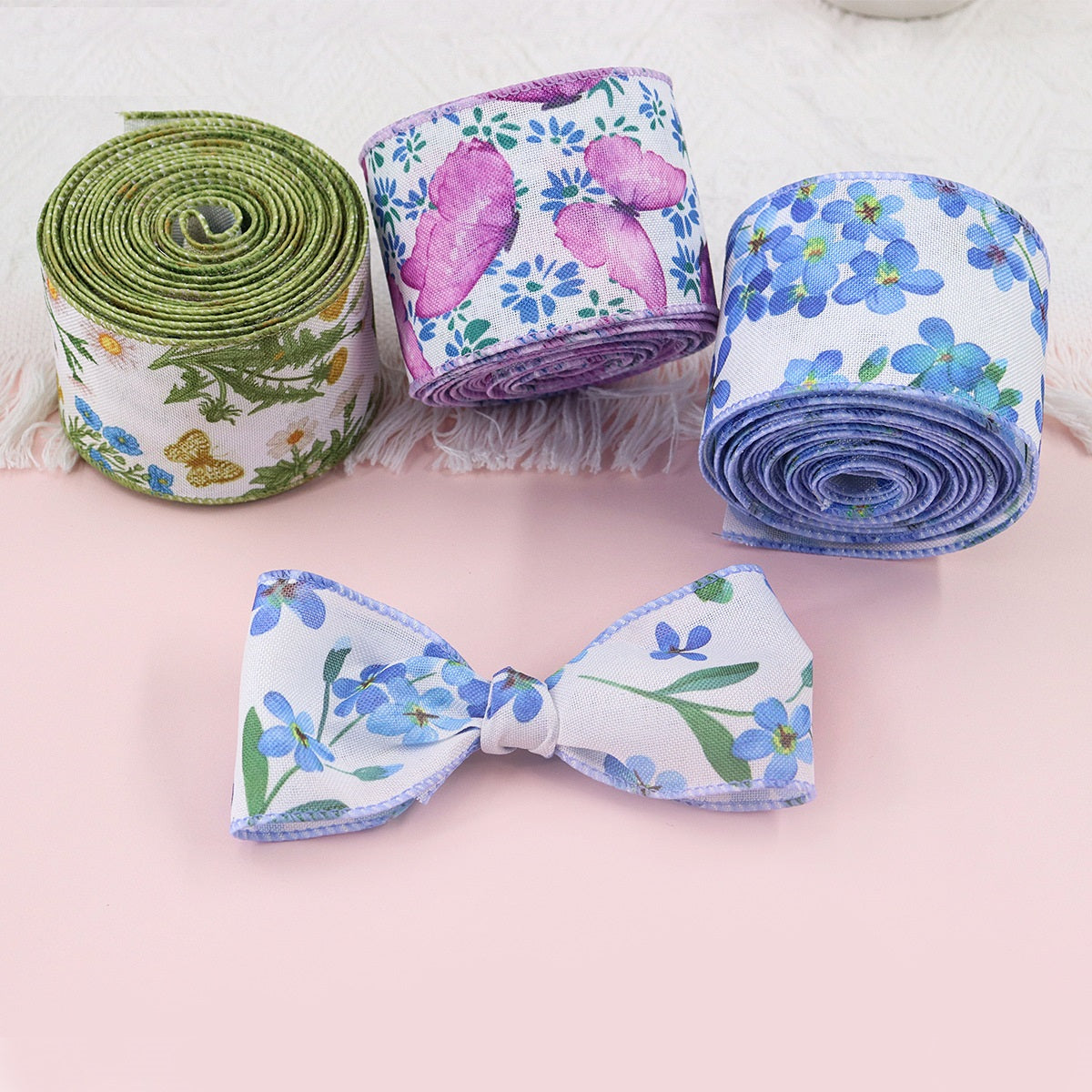 6 Rolls 2.5"×5 Yard Wired Edge Summer Flowers Ribbons for Wreath Bow