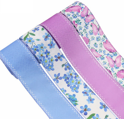 6 Rolls 2.5"×5 Yard Wired Edge Summer Flowers Ribbons for Wreath Bow