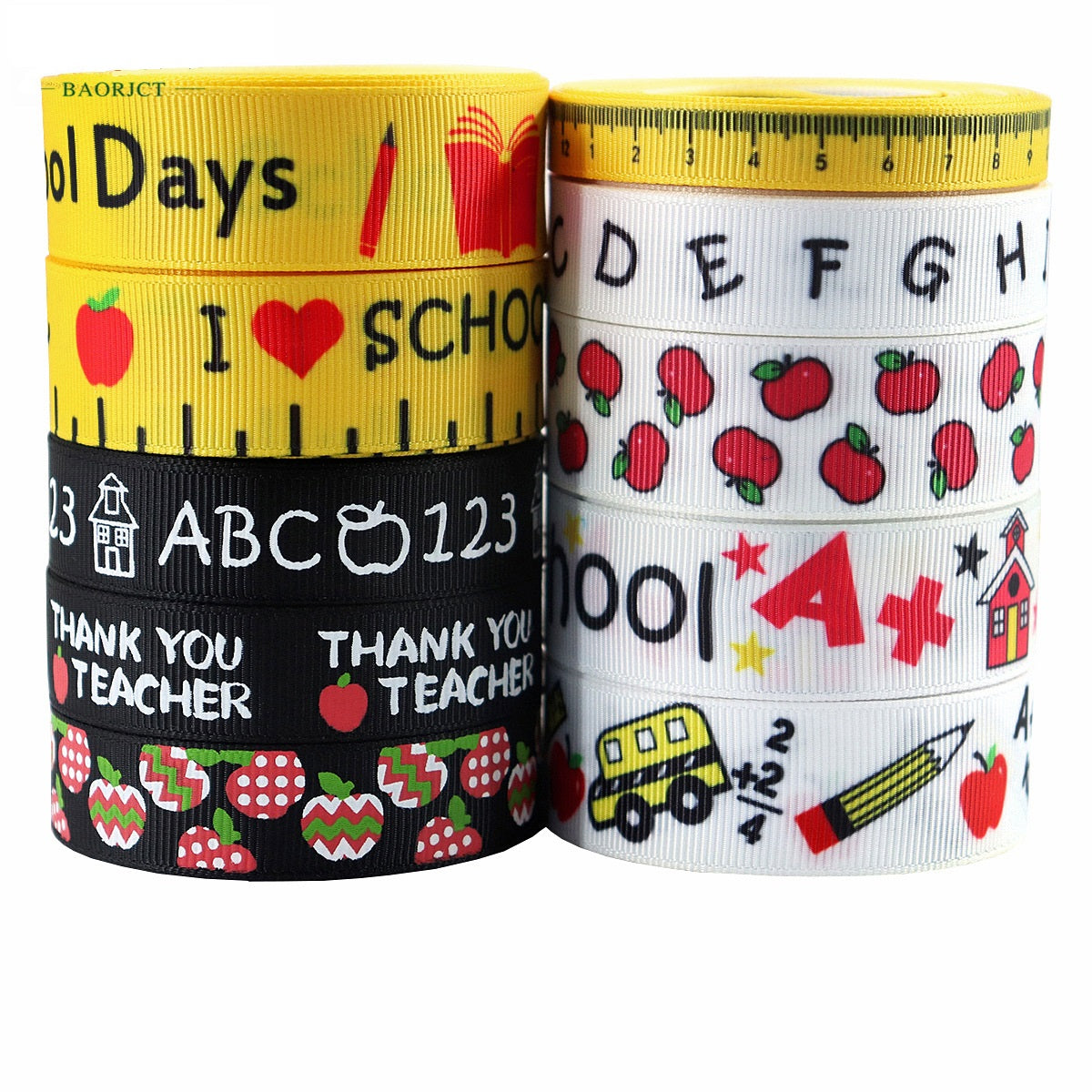 10/16/22mm Back-to-School Ribbon School Bus Apple ABC Ruler 10 Pack