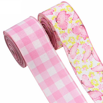 2.5 Inch Pink Checkered Butterfly Wire Edge Ribbon 2 Pack