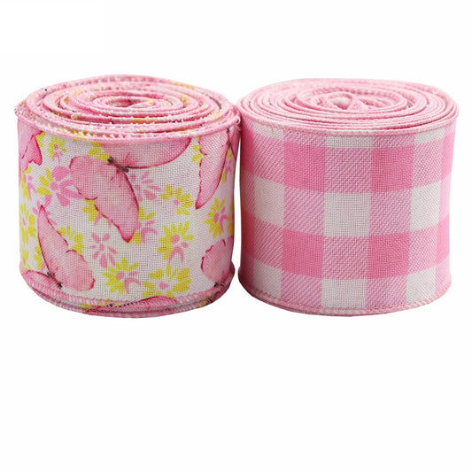 Ruban à bord en fil de fer à motifs vichy rose de 2,5 pouces - Paquet de 2