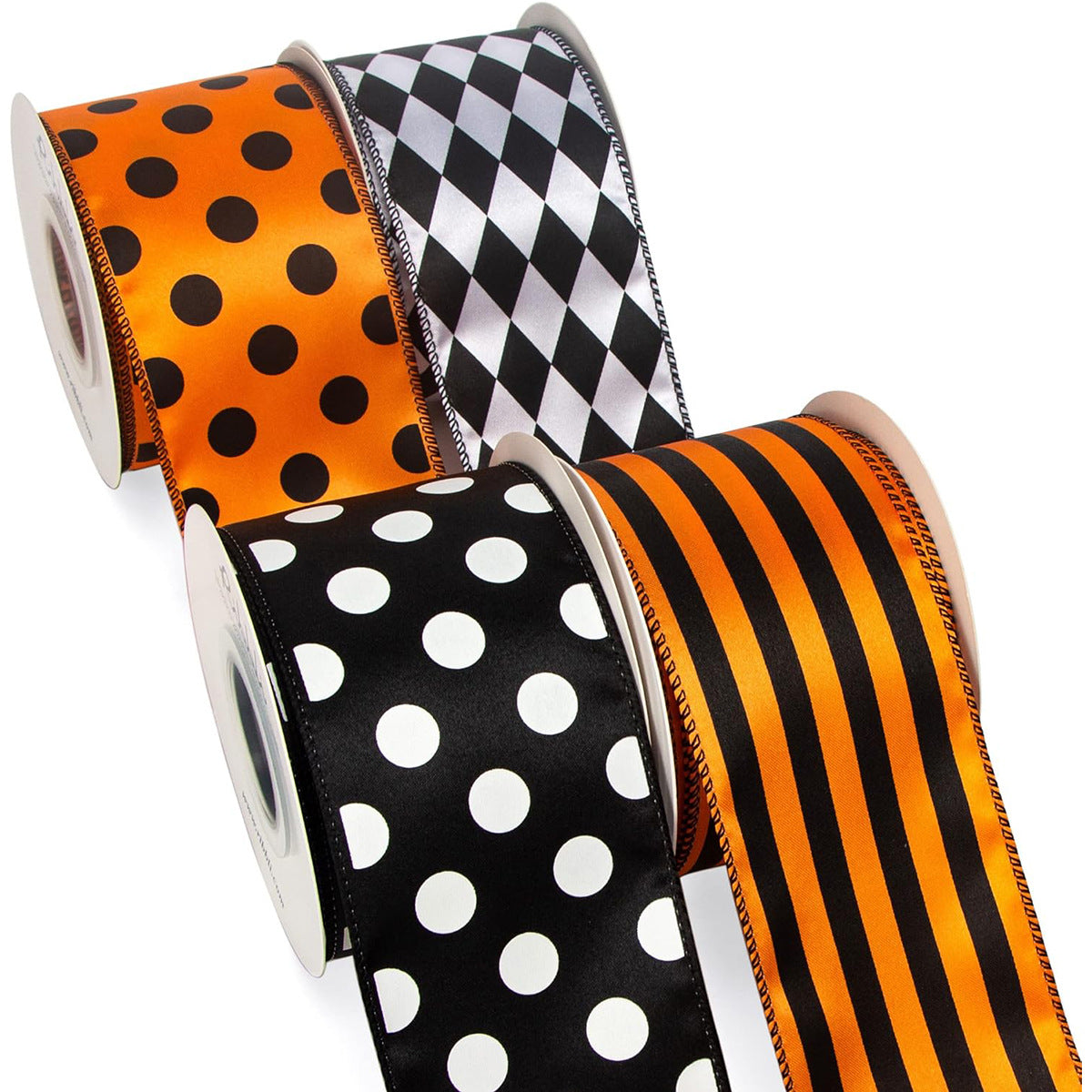 2.5 Inch Polka Dot,Stripe,Diamond Dot Halloween Ribbons 5 Pack