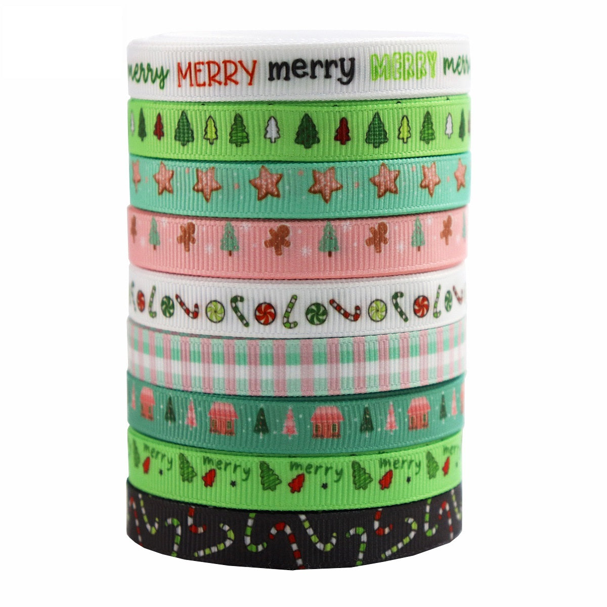 10mm Merry Christmas Ribbon Festive Tree Wreath 9 Pack 45 Yards