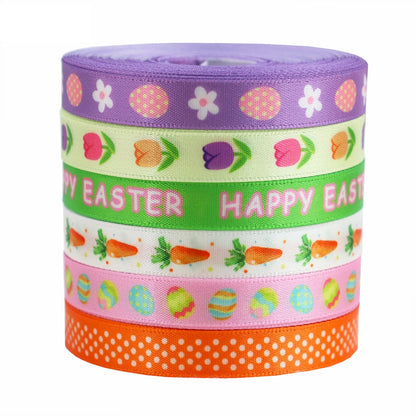 10mm Easter Satin Ribbon Colorful Eggs Carrots 6 Pack