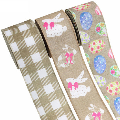 2.5 Inch Wire Edge Easter Hem Tape Egg Bunny Spring Ribbon 12 Pack