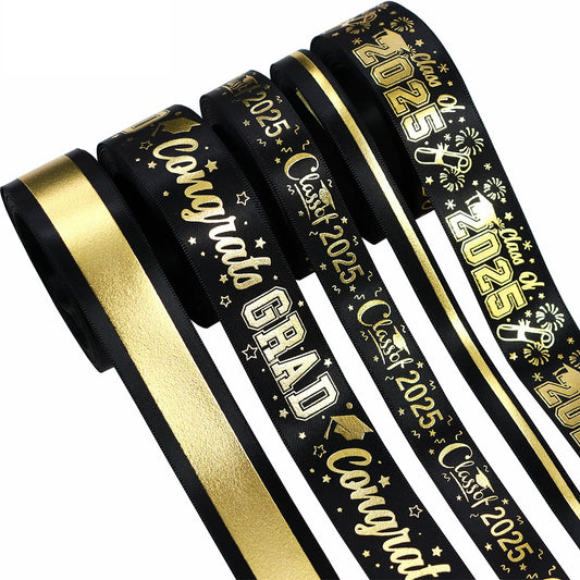 10/16/25mm Black and Gold Graduation Ribbon 5 Set