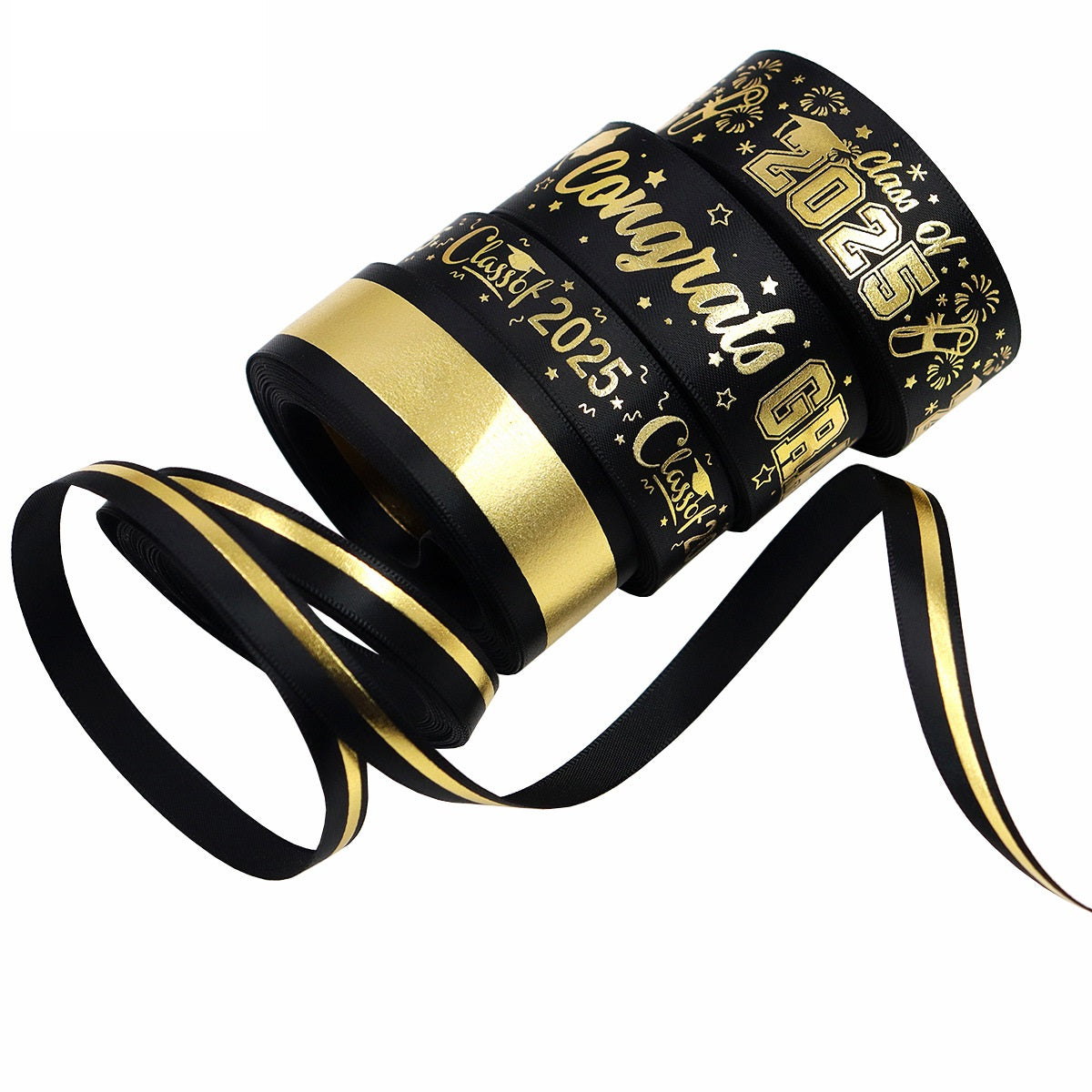 10/16/25mm Black and Gold Graduation Ribbon 5 Set