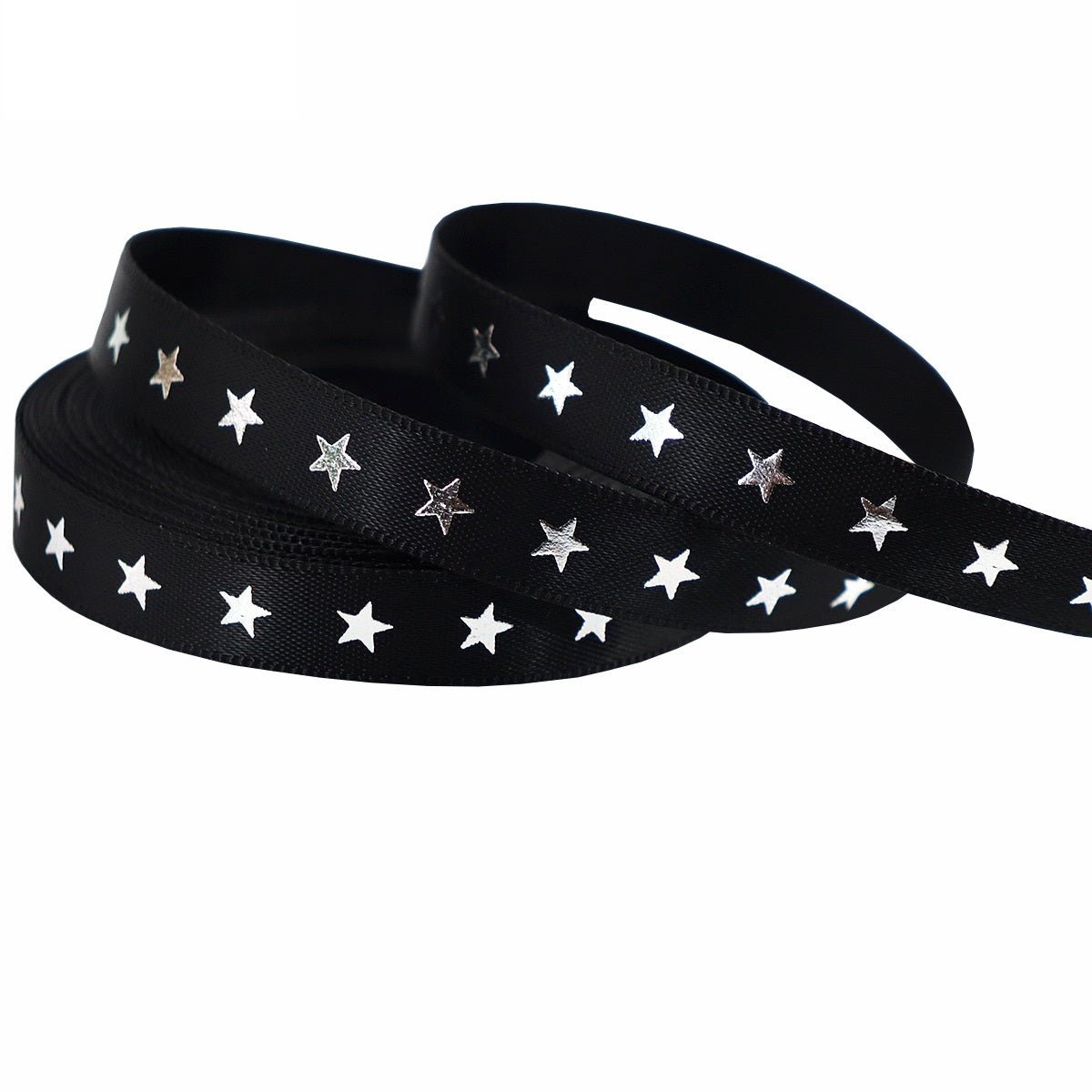 10mm Black Silver-Foil Star Ribbon 50 Yards