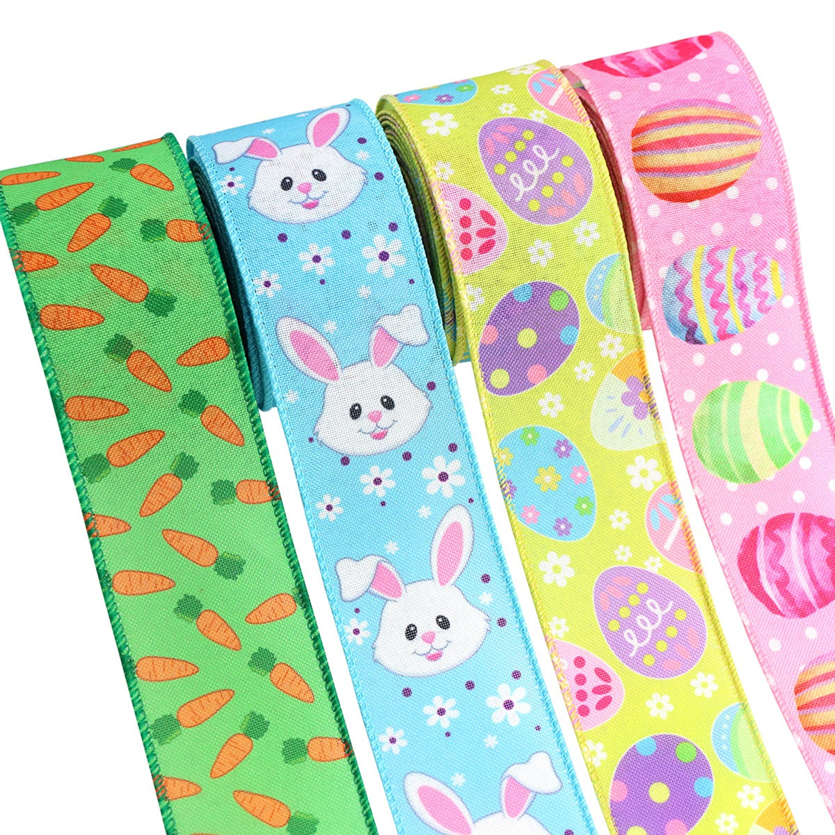 2/2.5 Inch Easter Hem Wire Edge Colorful Eggs Bunnies Carrots Ribbon 4 Pack