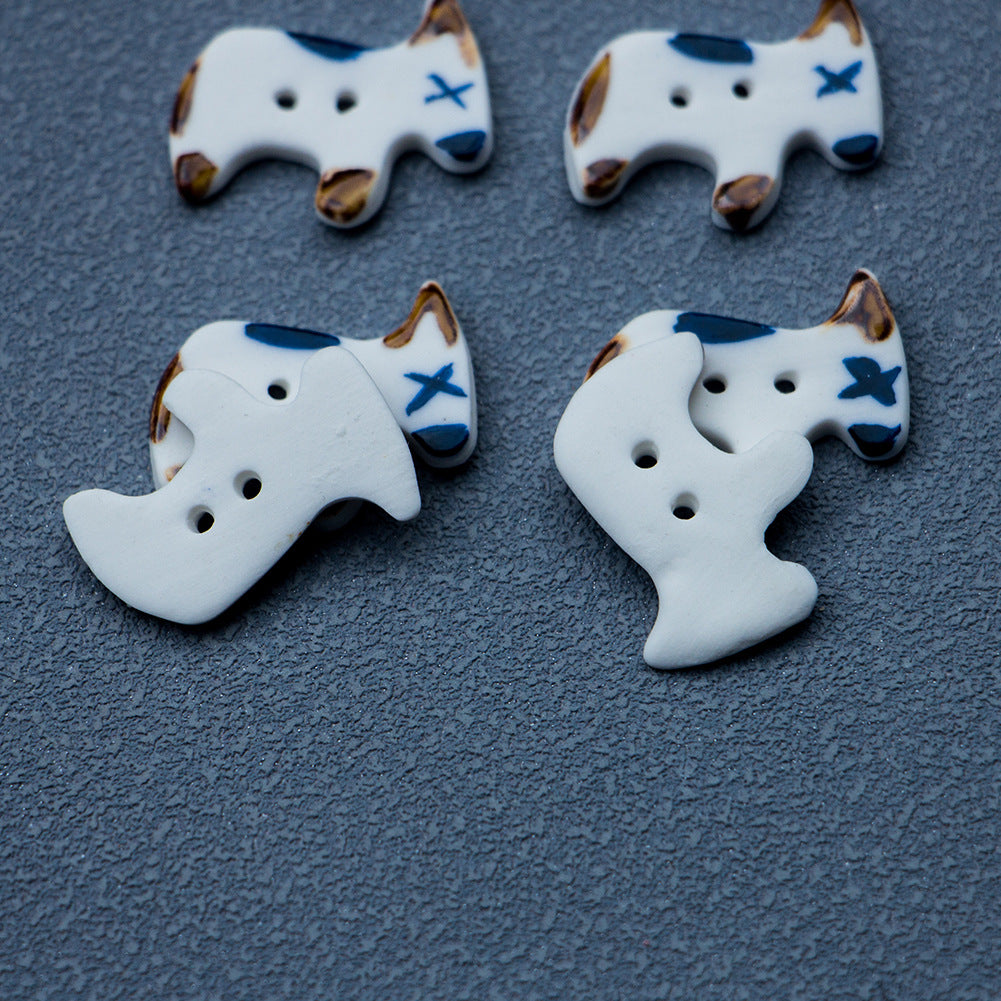 Cute Puppy Dog Shape 2 Hole Handmade Ceramic Buttons 4pcs