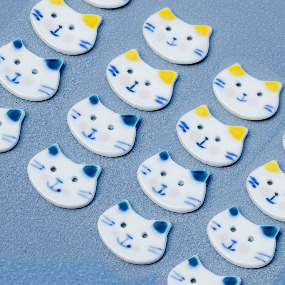 Botões de Cerâmica Pequenos de Gato de Grande Rosto Azul e Branco Pintados à Mão de 30mm com 2 Furos 10PCS