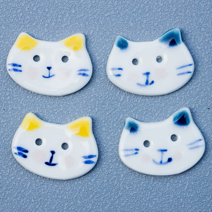 Botões de Cerâmica Pequenos de Gato de Grande Rosto Azul e Branco Pintados à Mão de 30mm com 2 Furos 10PCS