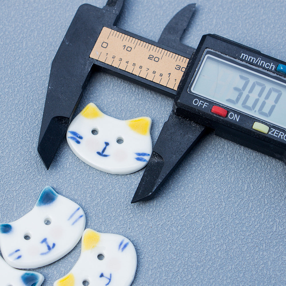 30mm Hand-Painted Small Blue White Big-Face Cat 2-Hole Ceramic Buttons 10PCS