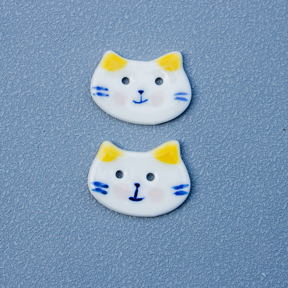 Botões de Cerâmica Pequenos de Gato de Grande Rosto Azul e Branco Pintados à Mão de 30mm com 2 Furos 10PCS