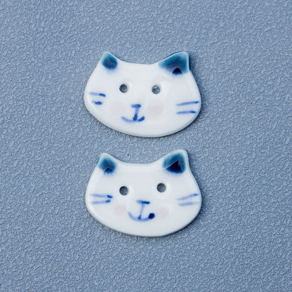 Boutons en céramique 30 mm peints à la main, petits, bleu et blanc, chat à grande tête, 2 trous, 10 pièces