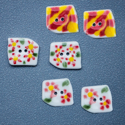 Trapezoidal 2 Hole Hand Painted Flower Flame Ice Cream Ceramic Buttons 4pcs