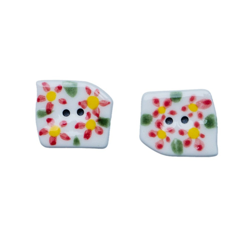 Boutons en céramique peints à la main en forme de fleur en flamme à 2 trous trapézoïdaux 4pcs